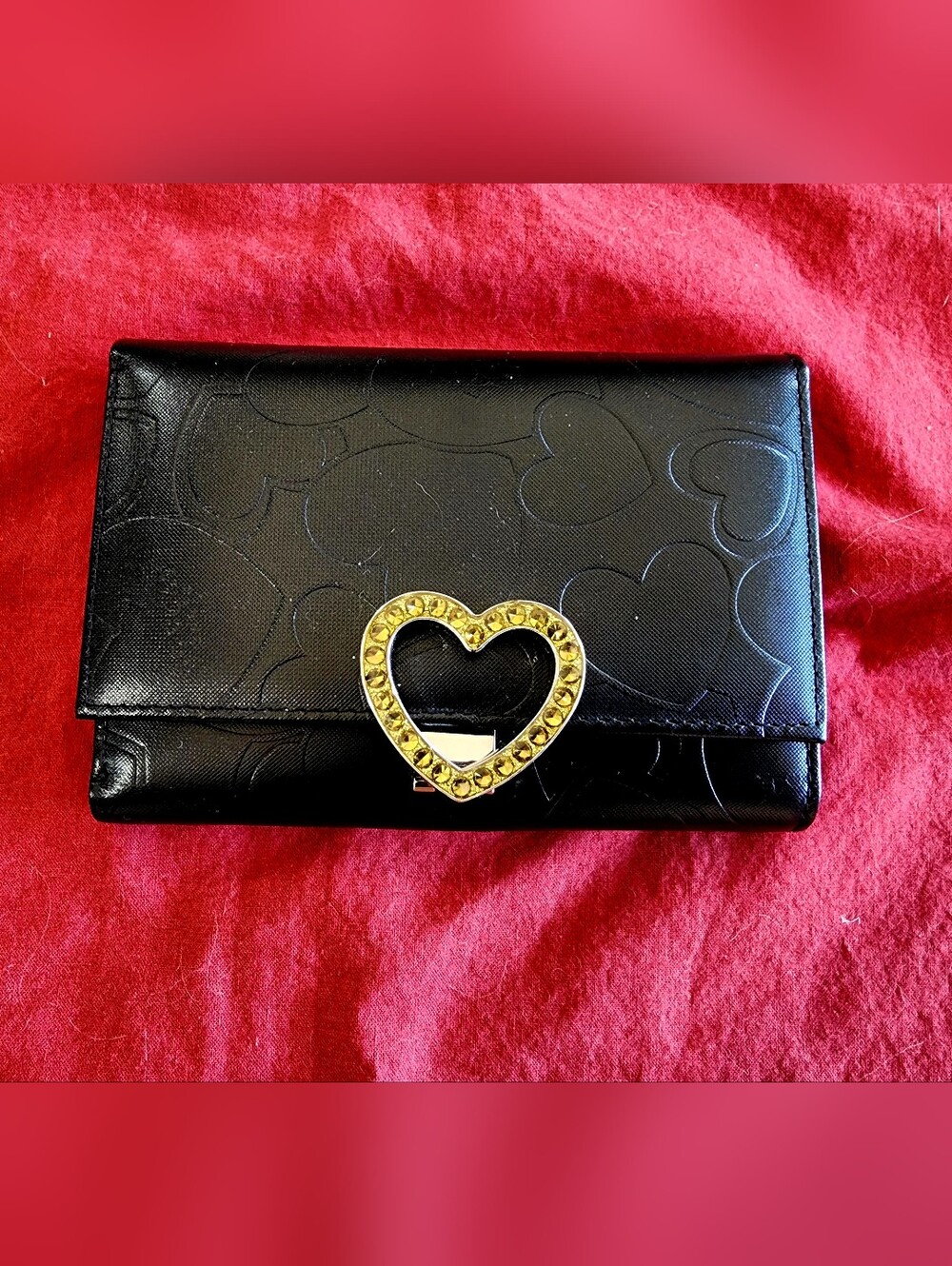 LOVECAT Paris | Black Heart-Embossed Leather Wallet with Gold Heart Lock | NWOT